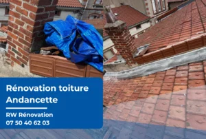 Rénovation toiture Andancette : photos d’un chantier présentant une couverture endommagée autour d’une cheminée puis des travaux de réparation avec tuiles remplacées et étanchéité remise à neuf par RW Rénovation.