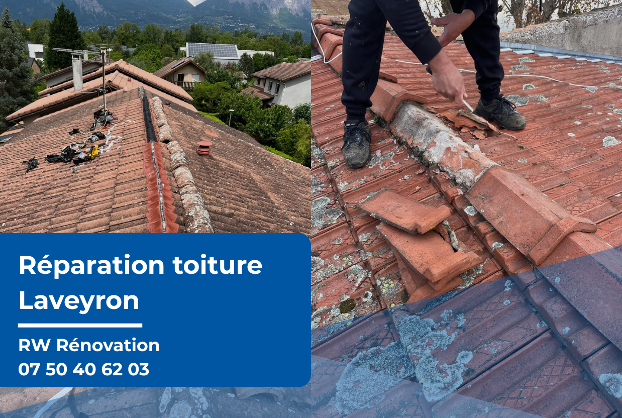 Réparation toiture Laveyron : photos montrant une toiture en restauration et remises en état par RW Rénovation.