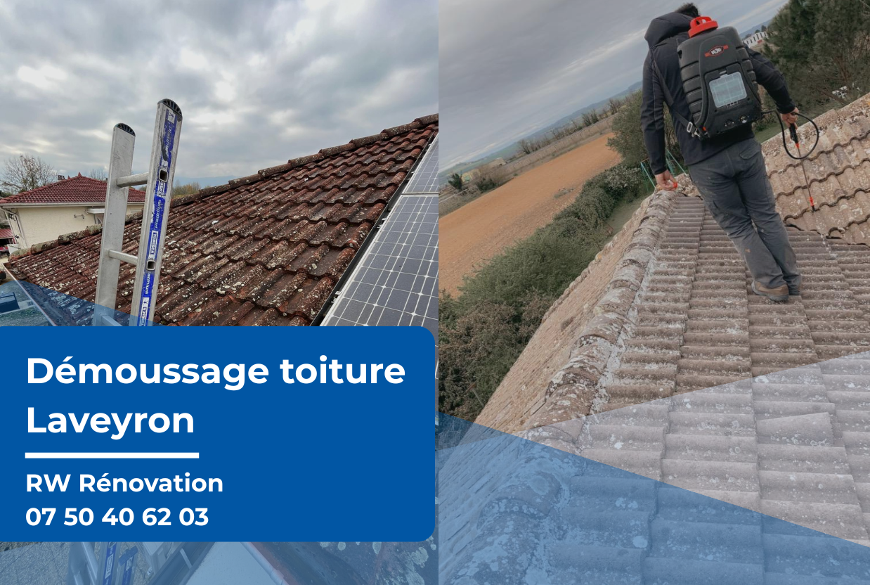 Travaux de démoussage toiture Laveyron réalisés par RW Rénovation, montrant un toit recouvert de mousse et un technicien appliquant un traitement de nettoyage.