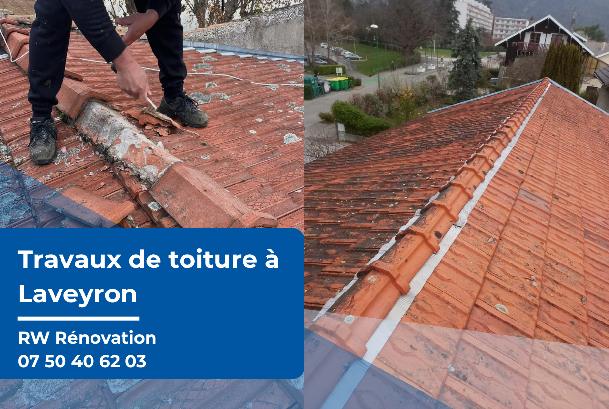 Travaux toiture Laveyron : photos montrant une toiture en restauration et remises en état par RW Rénovation.