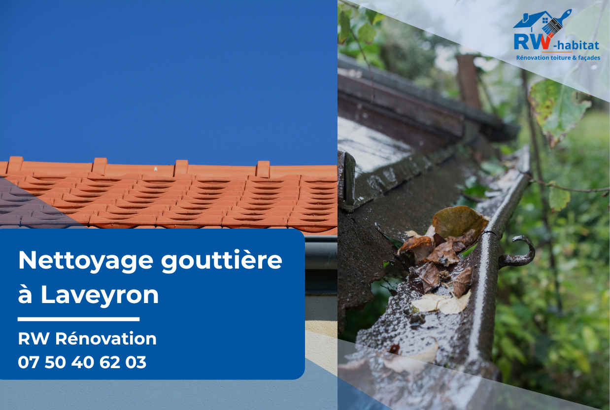 Nettoyage gouttière à Laveyron – vue d’un toit en tuiles avec gouttière métallique encombrée de feuilles mortes, visuel promotionnel RW Rénovation avec numéro de téléphone.
